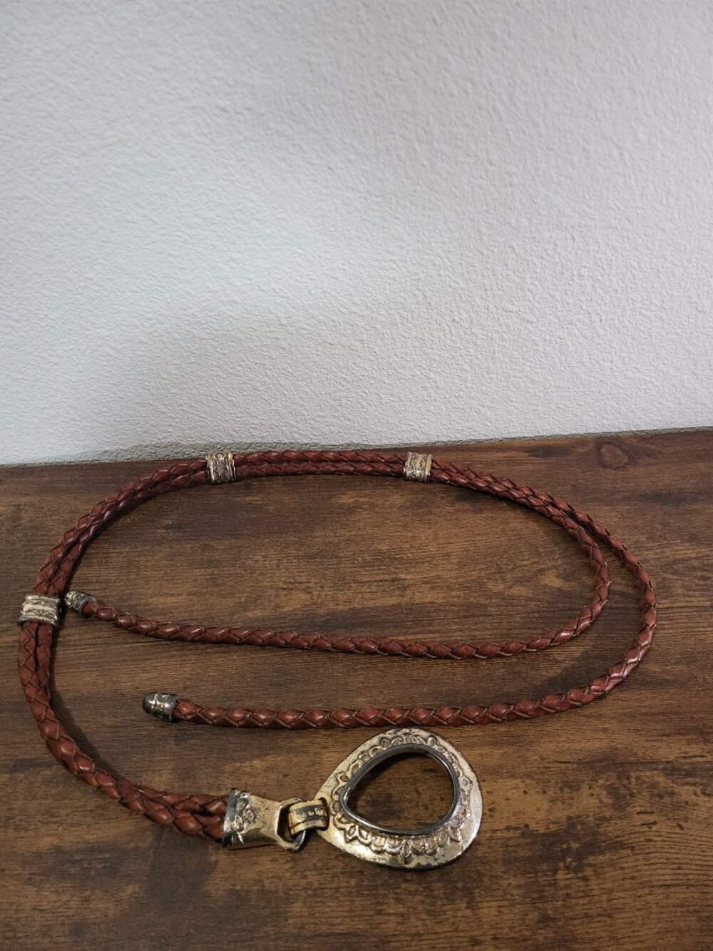 Vintage 1994 Braided Leather Statement Belt Heavy Teardrop Buckle Boho Western